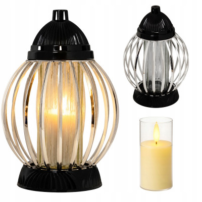 Znicz Lampion Nagrobny Srebrno Czarny Kula 28 cm Chrom Wkład LED Gratis