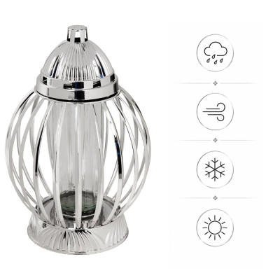 Znicz Lampion Nagrobny Srebrny Kula Chrom 36 cm Wkład LED Gratis
