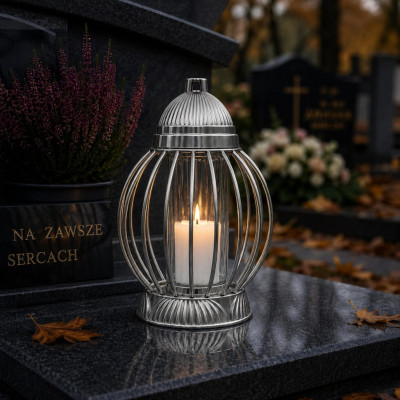 Znicz Lampion Nagrobny Srebrny Kula Chrom 36 cm Wkład LED Gratis