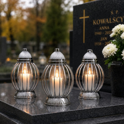 Znicz Lampion Nagrobny Srebrny Kula Chrom 36 cm Wkład LED Gratis
