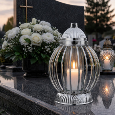 Znicz Lampion Nagrobny Srebrny Kula Chrom 36 cm Wkład LED Gratis