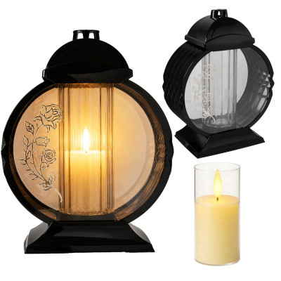 Znicz Lampion Nagrobny Czarny 36 cm Srebrna Róża Medalion+ Wkład LED Gratis