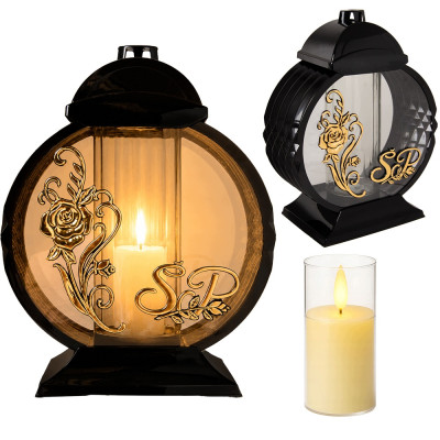 Znicz Lampion Nagrobny Czarny 36 cm Złota Róża Medalion + Wkład LED Gratis