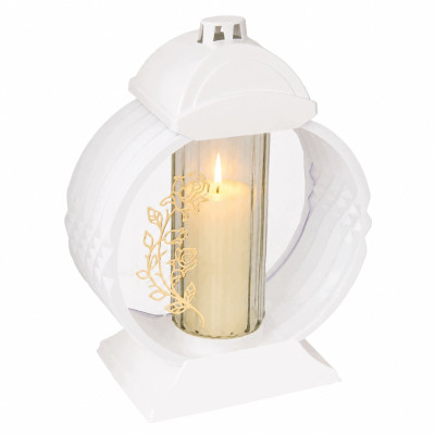 Znicz Lampion Nagrobny Biały 36 cm Złota Róża Medalion + Wkład LED Gratis