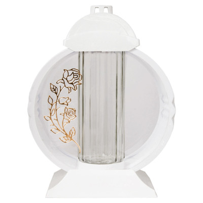 Znicz Lampion Nagrobny Biały 36 cm Złota Róża Medalion + Wkład LED Gratis