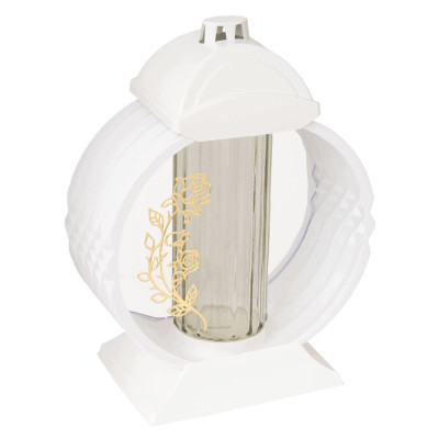 Znicz Lampion Nagrobny Biały 36 cm Złota Róża Medalion + Wkład LED Gratis