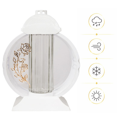 Znicz Lampion Nagrobny Biały 36 cm Złota Róża Medalion + Wkład LED Gratis