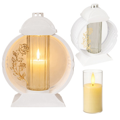 Znicz Lampion Nagrobny Biały 36 cm Złota Róża Medalion + Wkład LED Gratis