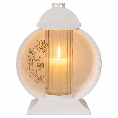 Znicz Lampion Nagrobny Biały 36 cm Złota Róża Medalion + Wkład LED Gratis