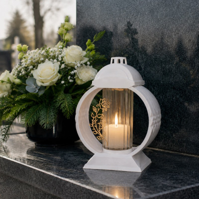 Znicz Lampion Nagrobny Biały 36 cm Złota Róża Medalion + Wkład LED Gratis