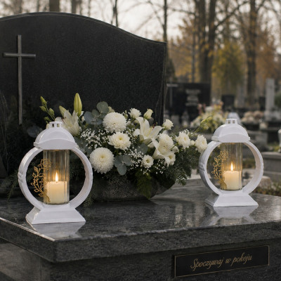 Znicz Lampion Nagrobny Biały 36 cm Złota Róża Medalion + Wkład LED Gratis