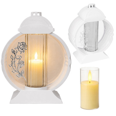 Znicz Lampion Nagrobny Biały 36 cm Srebrna Róża Medalion + Wkład LED Gratis