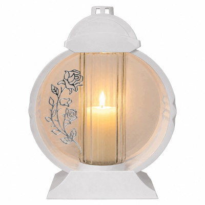 Znicz Lampion Nagrobny Biały 36 cm Srebrna Róża Medalion + Wkład LED Gratis