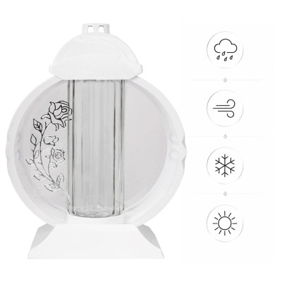 Znicz Lampion Nagrobny Biały 36 cm Srebrna Róża Medalion + Wkład LED Gratis
