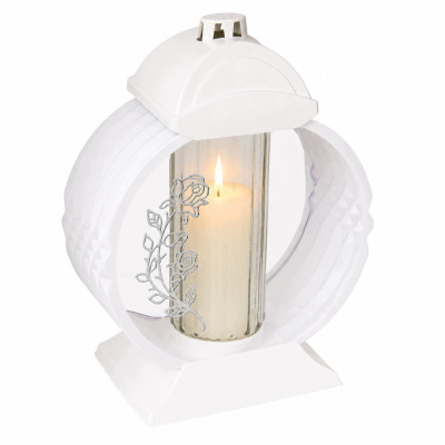 Znicz Lampion Nagrobny Biały 36 cm Srebrna Róża Medalion + Wkład LED Gratis