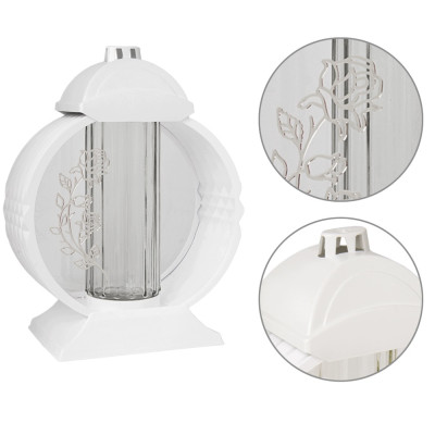 Znicz Lampion Nagrobny Biały 36 cm Srebrna Róża Medalion + Wkład LED Gratis