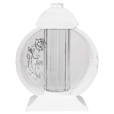Znicz Lampion Nagrobny Biały 36 cm Srebrna Róża Medalion + Wkład LED Gratis