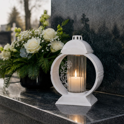 Znicz Lampion Nagrobny Biały 36 cm Srebrna Róża Medalion + Wkład LED Gratis