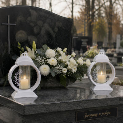 Znicz Lampion Nagrobny Biały 36 cm Srebrna Róża Medalion + Wkład LED Gratis