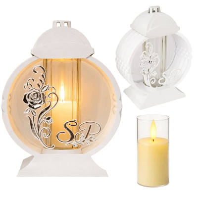 Znicz Lampion Nagrobny Biały 36 cm Róża Srebrna Medalion + Wkład LED Gratis