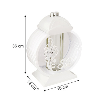 Znicz Lampion Nagrobny Biały 36 cm Róża Srebrna Medalion + Wkład LED Gratis