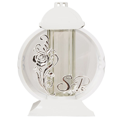Znicz Lampion Nagrobny Biały 36 cm Róża Srebrna Medalion + Wkład LED Gratis