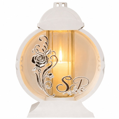 Znicz Lampion Nagrobny Biały 36 cm Róża Srebrna Medalion + Wkład LED Gratis