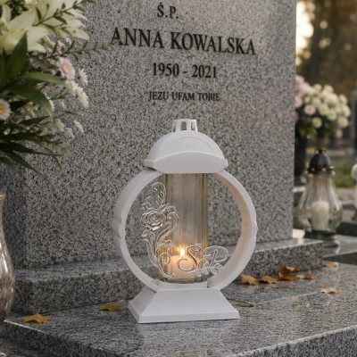 Znicz Lampion Nagrobny Biały 36 cm Róża Srebrna Medalion + Wkład LED Gratis