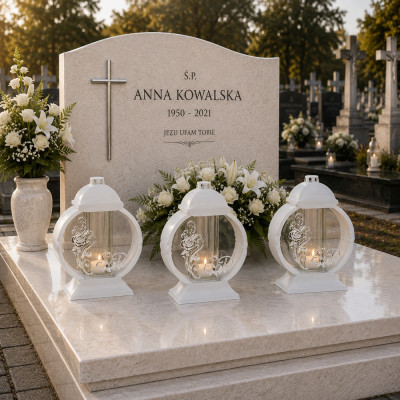 Znicz Lampion Nagrobny Biały 36 cm Róża Srebrna Medalion + Wkład LED Gratis