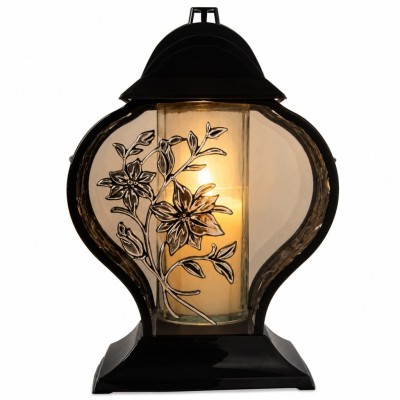Znicz na Grób Lampion Złoty 33,5 cm Krzyż Kwiaty + WKŁAD LED GRATIS