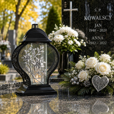 Znicz na Grób Lampion Złoty 33,5 cm Krzyż Kwiaty + WKŁAD LED GRATIS