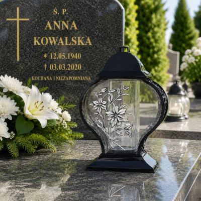 Znicz na Grób Lampion Złoty 33,5 cm Krzyż Kwiaty + WKŁAD LED GRATIS