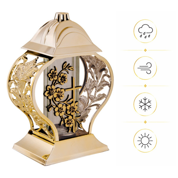 Znicz na Grób Lampion Złoty 28 cm Krzyż Kwiaty + WKŁAD LED GRATIS
