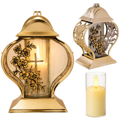 Znicz na Grób Lampion Złoty 28 cm Krzyż Kwiaty + WKŁAD LED GRATIS