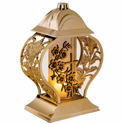 Znicz na Grób Lampion Złoty 28 cm Krzyż Kwiaty + WKŁAD LED GRATIS