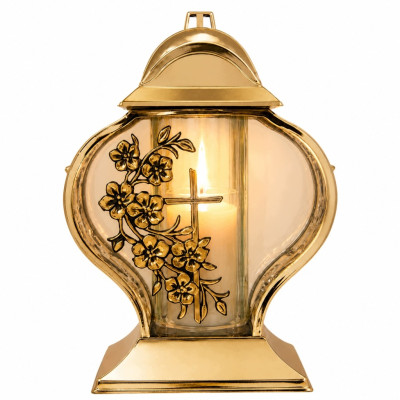 Znicz na Grób Lampion Złoty 28 cm Krzyż Kwiaty + WKŁAD LED GRATIS