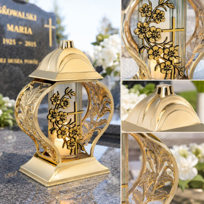 Znicz na Grób Lampion Złoty 28 cm Krzyż Kwiaty + WKŁAD LED GRATIS