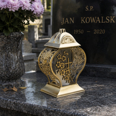 Znicz na Grób Lampion Złoty 28 cm Krzyż Kwiaty + WKŁAD LED GRATIS
