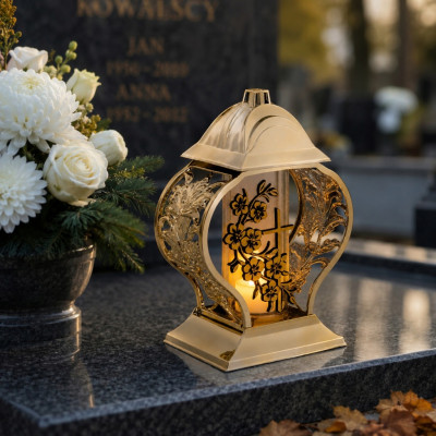 Znicz na Grób Lampion Złoty 28 cm Krzyż Kwiaty + WKŁAD LED GRATIS