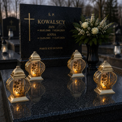 Znicz na Grób Lampion Złoty 28 cm Krzyż Kwiaty + WKŁAD LED GRATIS