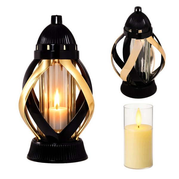 Znicz na Grób 28,5 cm Czarny Złote Zdobienia + Wkład LED GRATIS