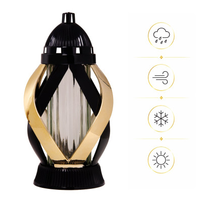 Znicz na Grób 28,5 cm Czarny Złote Zdobienia + Wkład LED GRATIS