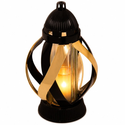 Znicz na Grób 28,5 cm Czarny Złote Zdobienia + Wkład LED GRATIS
