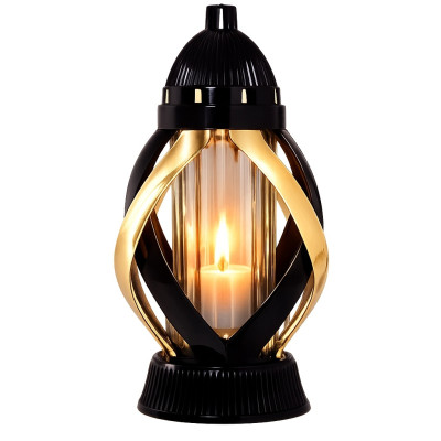 Znicz na Grób 28,5 cm Czarny Złote Zdobienia + Wkład LED GRATIS