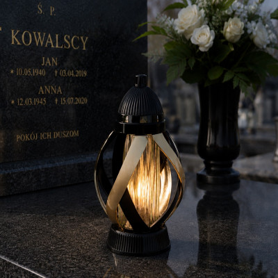 Znicz na Grób 28,5 cm Czarny Złote Zdobienia + Wkład LED GRATIS