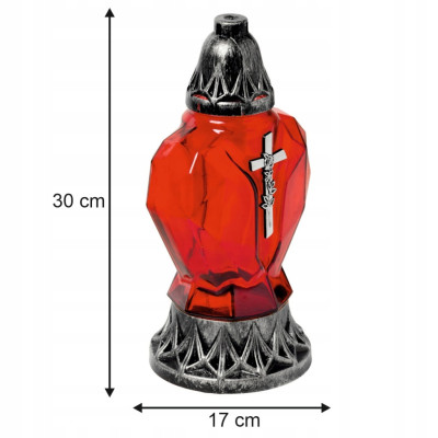 Znicz szklany 30 cm serce czerwony z krzyżem – srebrne wykończenie