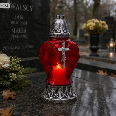Znicz szklany 30 cm serce czerwony z krzyżem – srebrne wykończenie