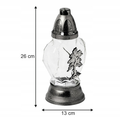 Znicz szklany SERCE 26 cm srebrny z drzewem – elegancki znicz nagrobny