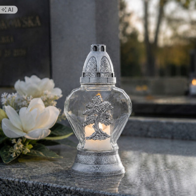 Znicz szklany SERCE 26 cm srebrny z drzewem – elegancki znicz nagrobny