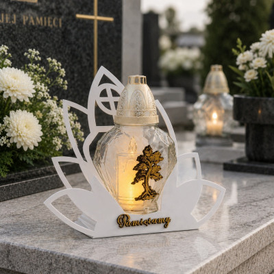 Znicz Lotos z Wkładem LED Biały Serce Na wszystkich Świętych grób pamiętamy